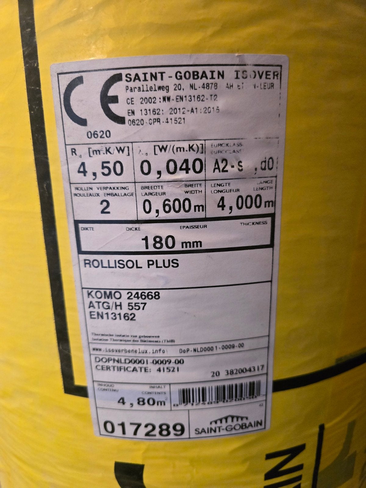 Isover Rollisol Plus 180 mm – 12 m² – Rd 4,50 – 5 rollen, Doe-het-zelf en Bouw, Ophalen, 10 tot 15 m², 12 cm of meer, Zo goed als nieuw