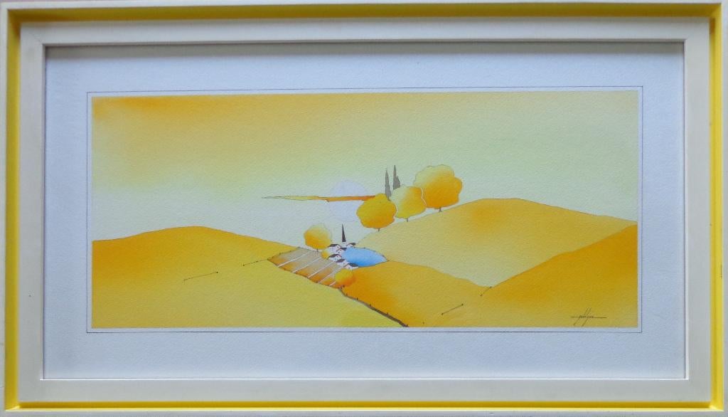 BRUNO DELVIGNE / ZONNIG LANDSCHAP / ORIGINEEL 35x61cm KADER, Enlèvement ou Envoi