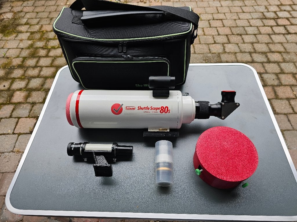 Vixen Shuttle 80 achromaat met extras, Audio, Tv en Foto, Optische apparatuur | Telescopen, Ophalen of Verzenden, Gebruikt, 80 tot 200 mm
