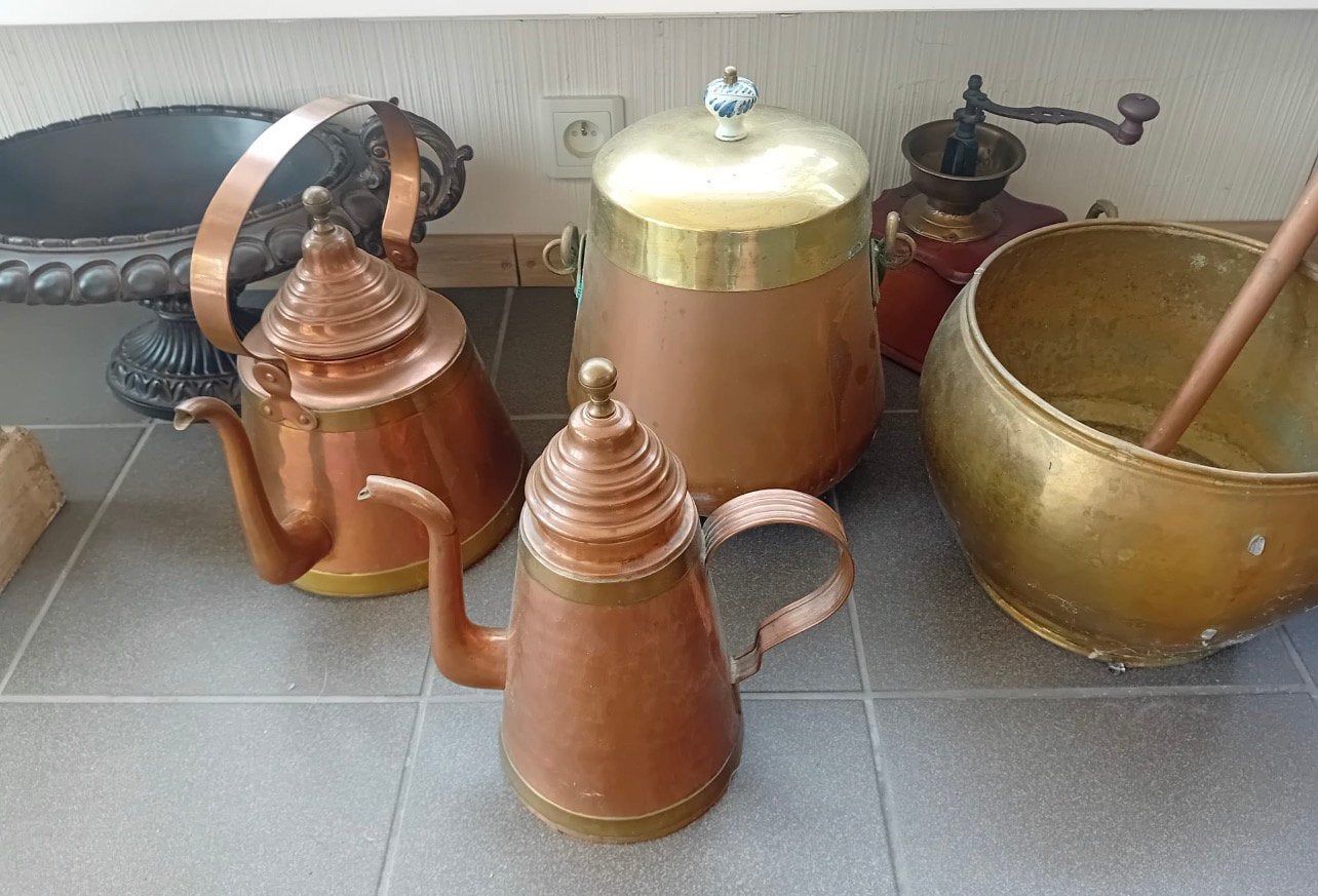 4-delige vintage koper & messing set, Enlèvement, Comme neuf, Cuivre