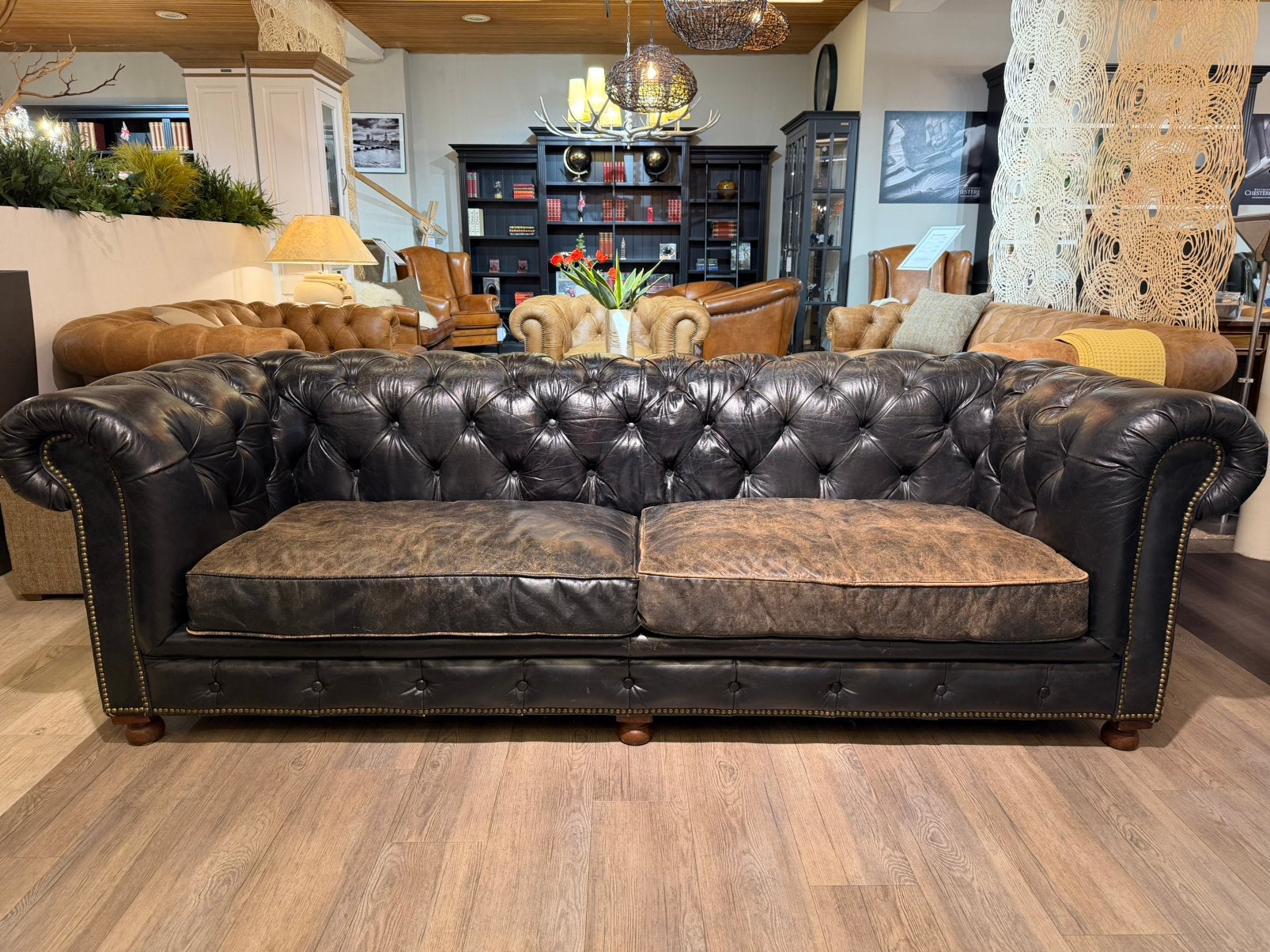 STOERE VINTAGE CHESTERFIELD 3,5 ZITS BANK  OUDE LOOK ZWART, Enlèvement ou Envoi
