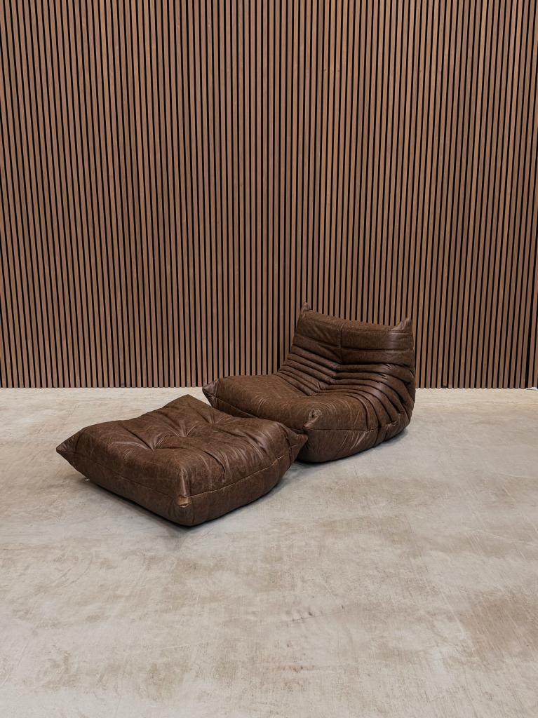 Ligne Roset - eenzits met poef - mokka vol aniline leder, Enlèvement ou Envoi