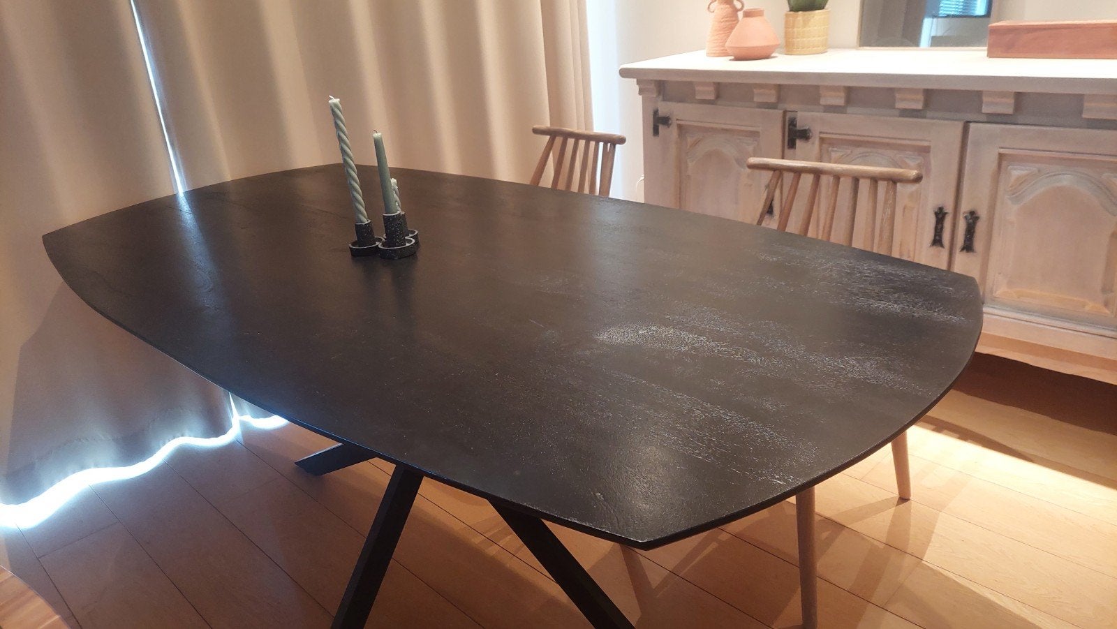 Mangohouten eettafel in Deens ovaal, 150 à 200 cm, Cinq personnes ou plus, Comme neuf, 100 à 150 cm