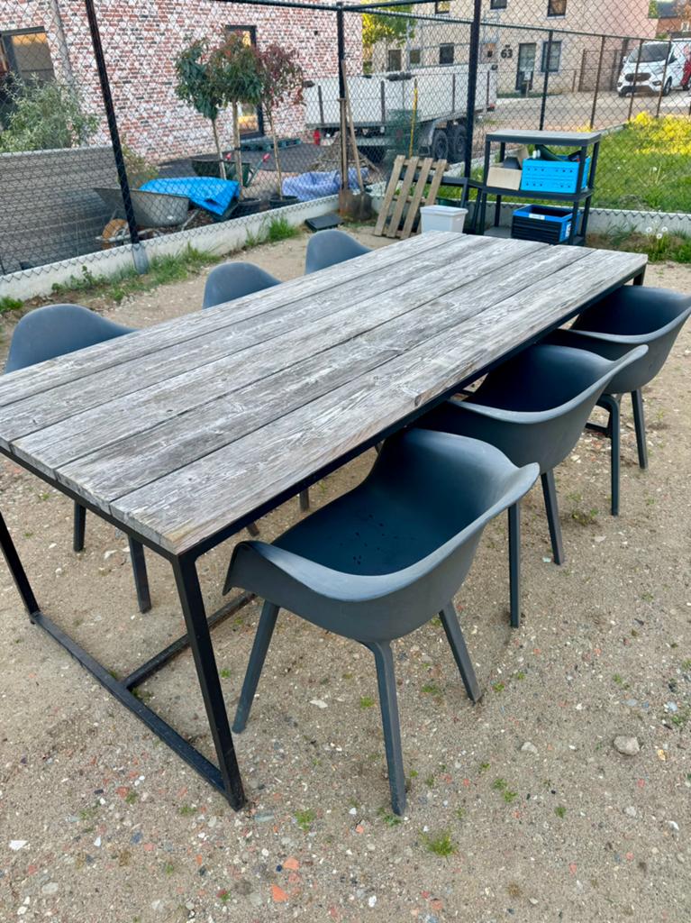 Buiten tuintafel set hout + 6 zwarte stoelen, Tuin en Terras, Tuintafels, Ophalen, Zo goed als nieuw, Hout