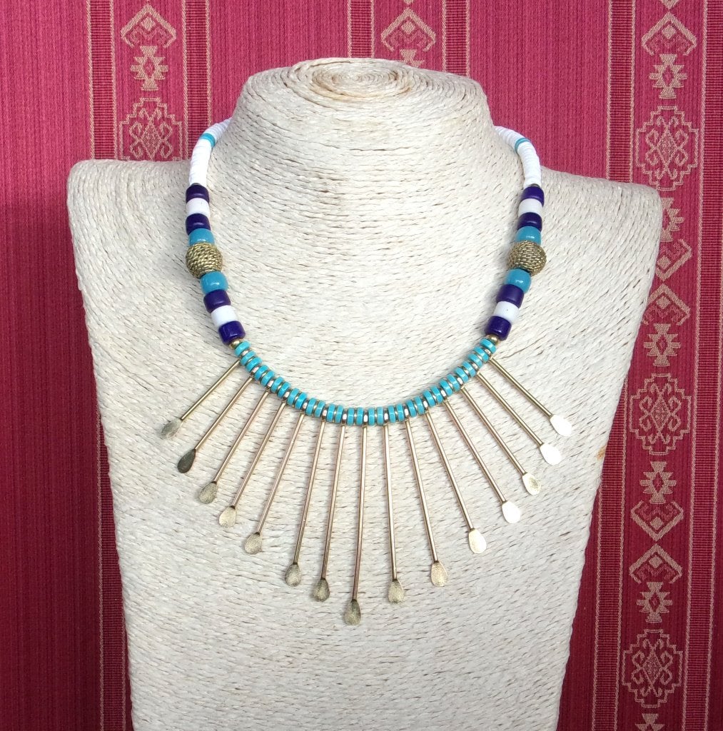 Afrikaanse etnische halsketting voor dames met stekelhangers, Ophalen of Verzenden, Nieuw, Blauw, Overige materialen