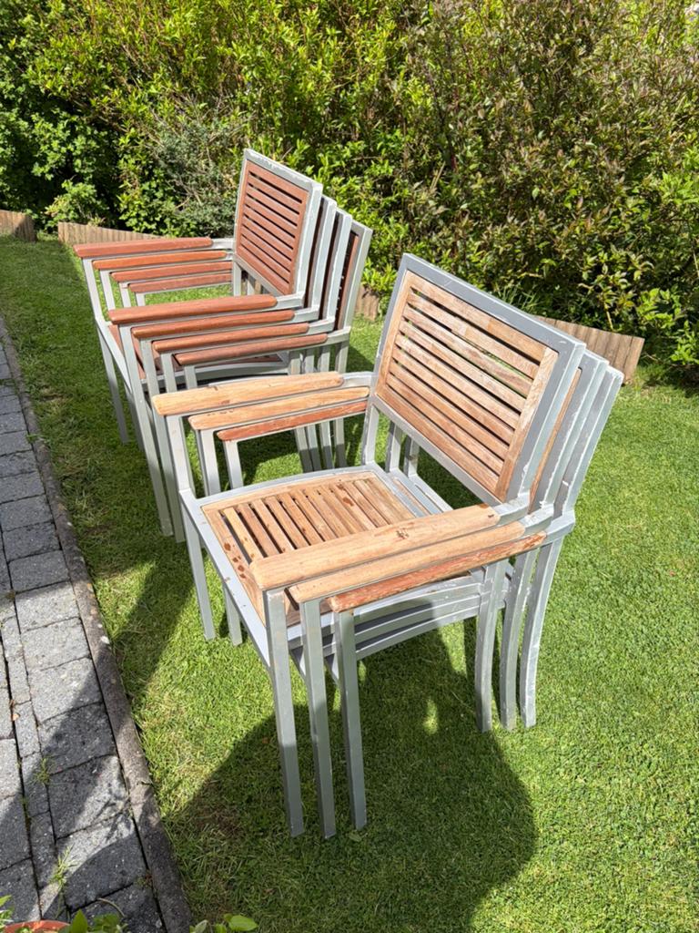 12 chaises Teck et Alu, Enlèvement, Utilisé, Aluminium, Empilable