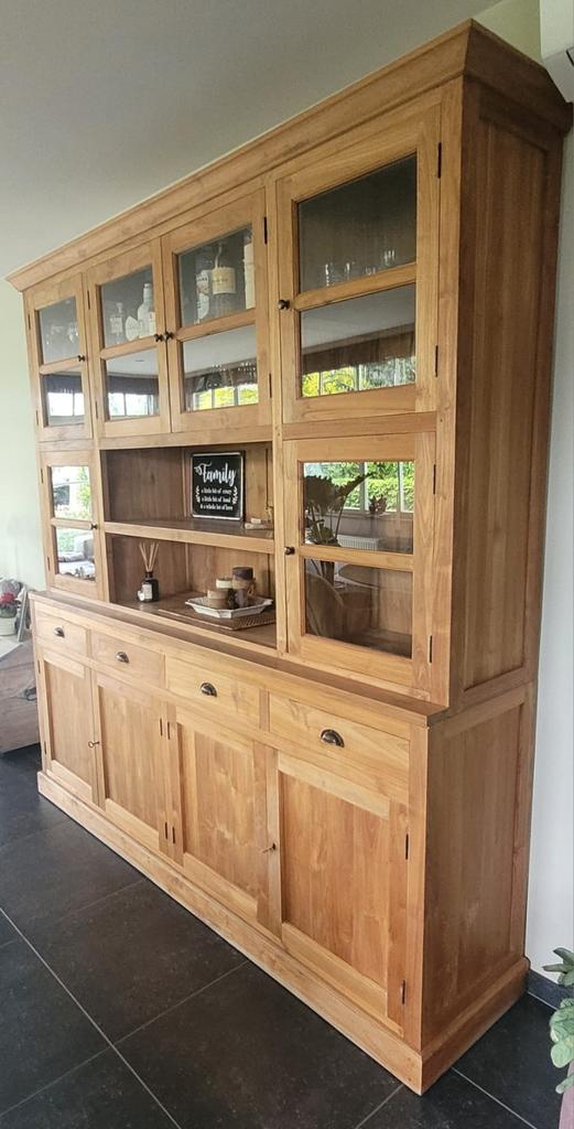 Teak vitrinekast met glas 2m x 2,10m, Huis en Inrichting, Ophalen, 200 cm of meer, Glas, 200 cm of meer