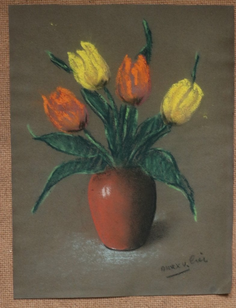 Pastel tulpen in een rode vaas - gesigneerd, Antiek en Kunst, Ophalen, Tekening, Pasteltekening, Gesigneerd