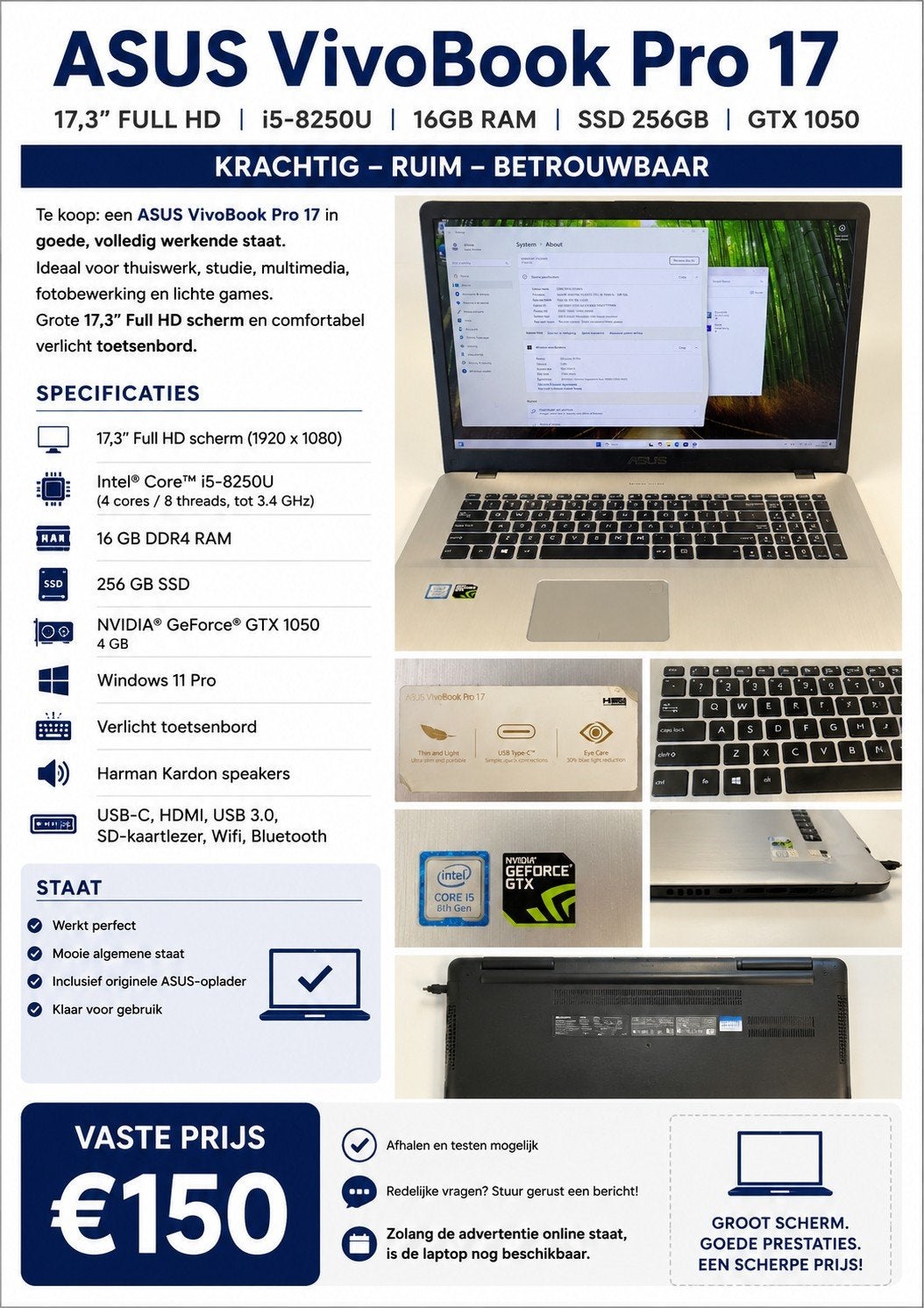 ASUS VivoBook Pro 17 – 17,3" – i5 – 16GB RAM – GTX 1050 – SS, Computers en Software, Ophalen