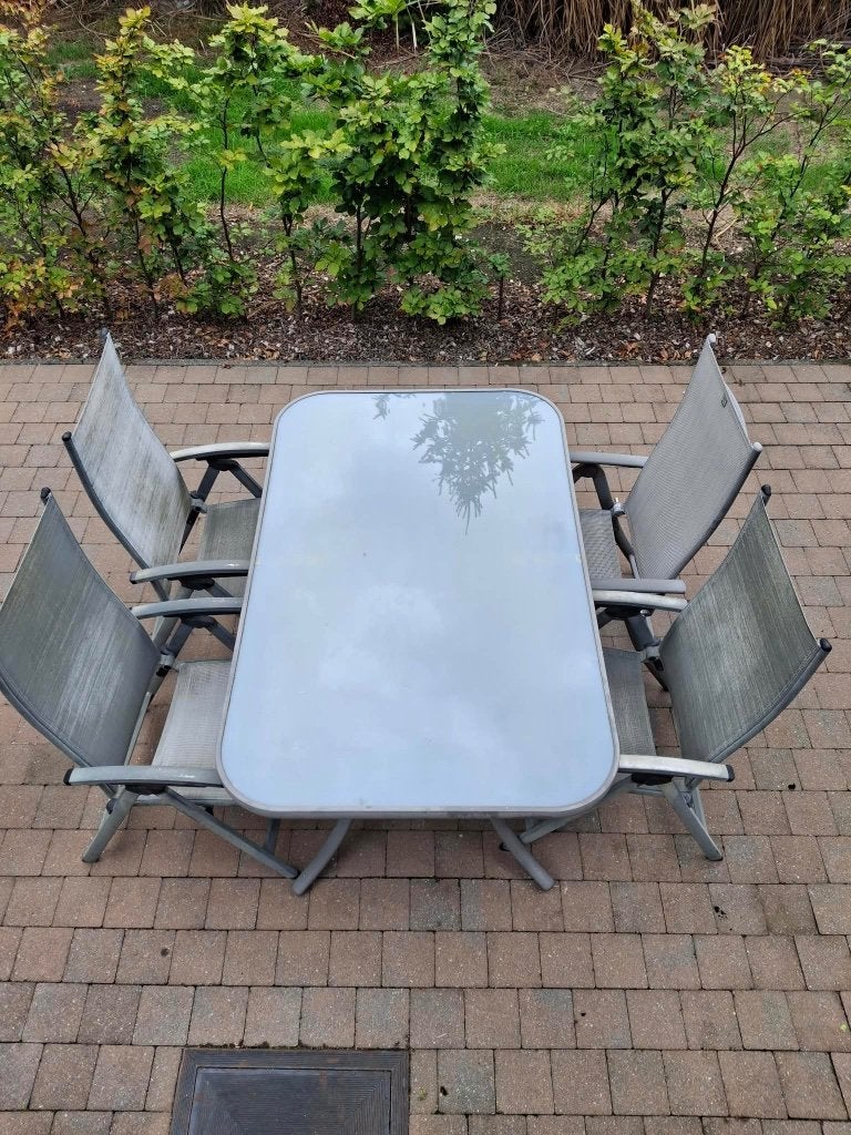 Tuintafel met 4 stoelen, Tuin en Terras, Ophalen, Gebruikt, Rechthoekig, Aluminium