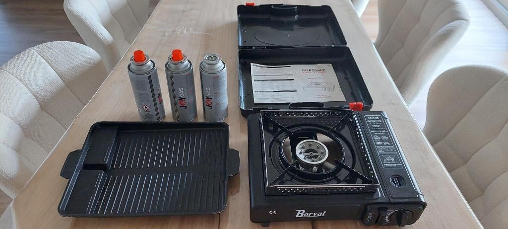 Draagbaar gasfornuis-Camping Kookstel+3 gasflessen+grilplaat, Ophalen of Verzenden, Zo goed als nieuw