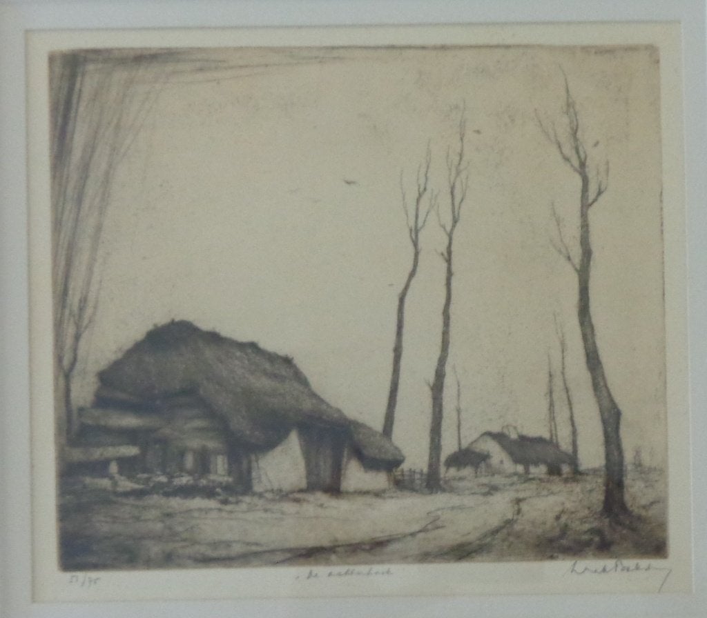 DIRK BAKSTEEN / DE ACHTERHOEK / ZW-W ETS / 43x46cm / KADER, Ophalen of Verzenden, Ets, Gesigneerd