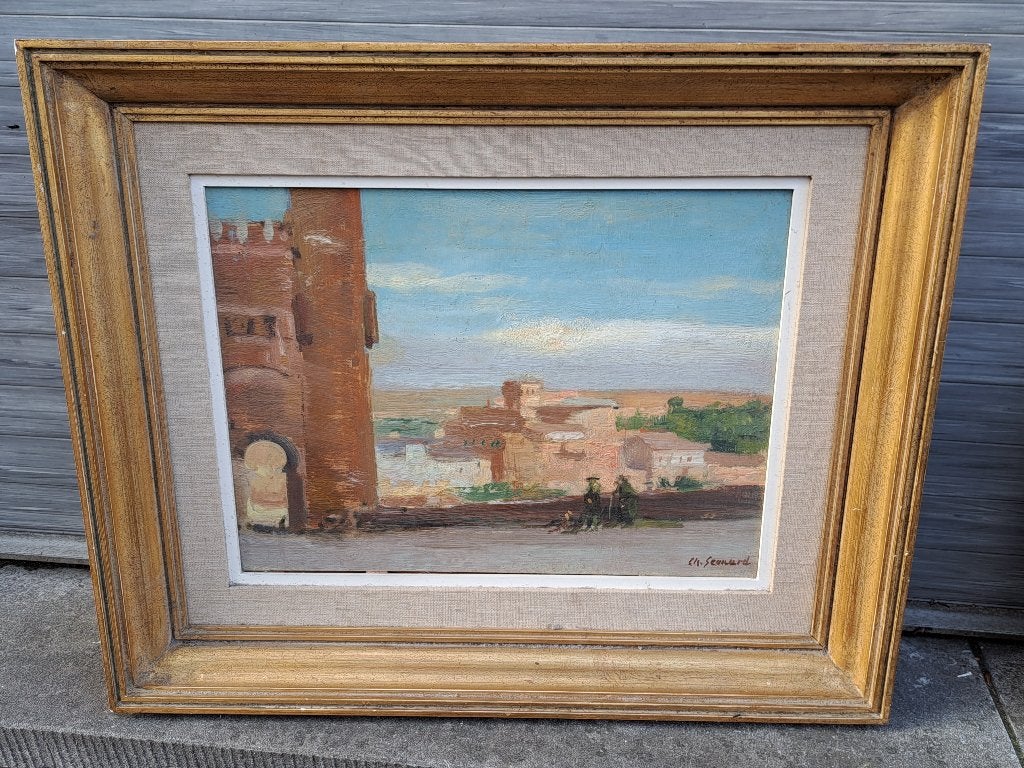 Huile sur panneau vue d espagne signe charly leonard, Antiquités & Art, Enlèvement ou Envoi, Panneau