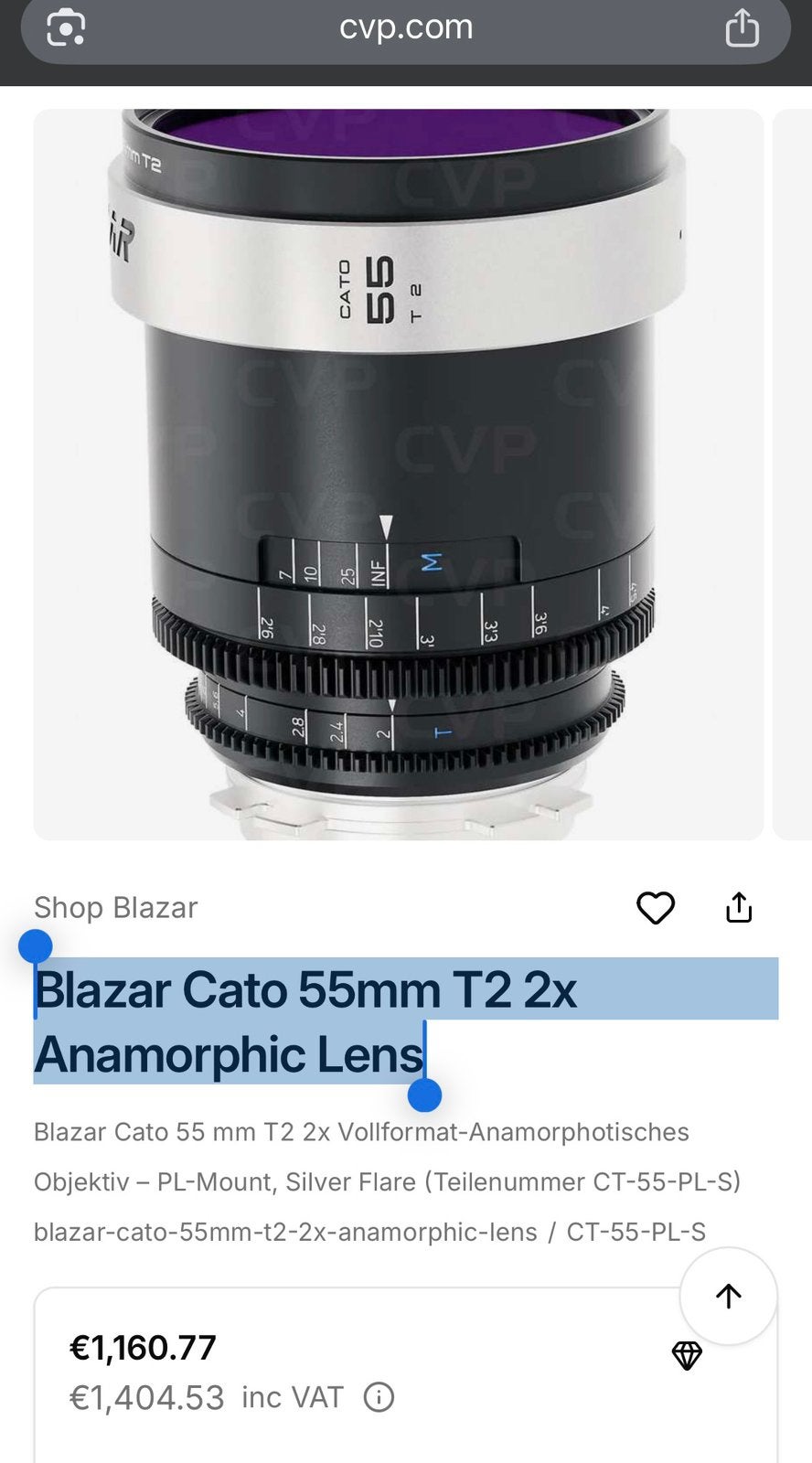 Blazar Cato 55mm T2 2x Anamorphic Lens, Audio, Tv en Foto, Ophalen of Verzenden, Zo goed als nieuw