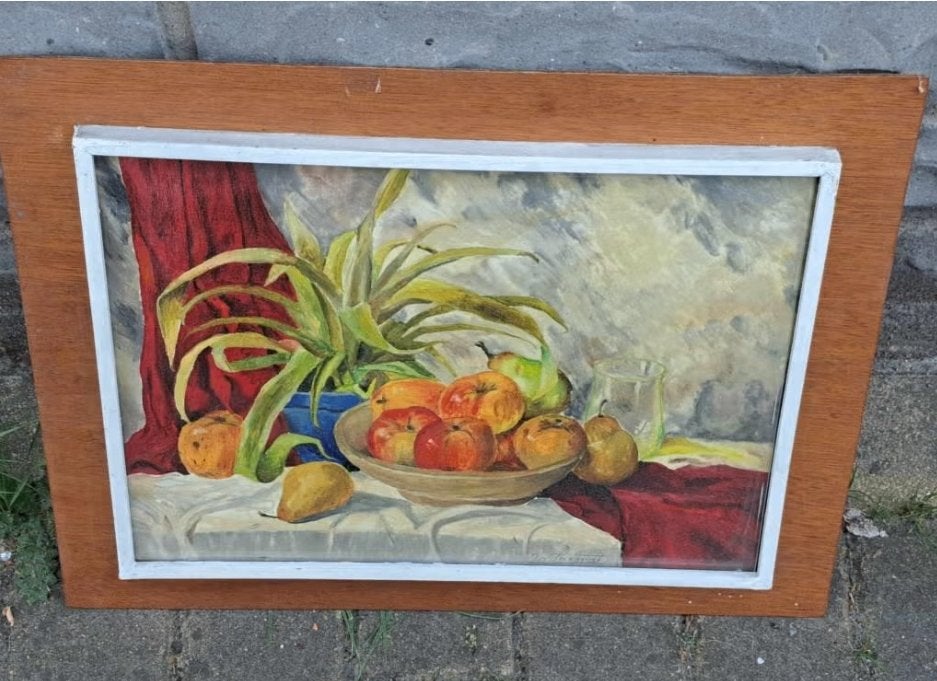 huile sur papier nature morte signe hannat, Antiquités & Art, Enlèvement ou Envoi, Nature morte, Toile