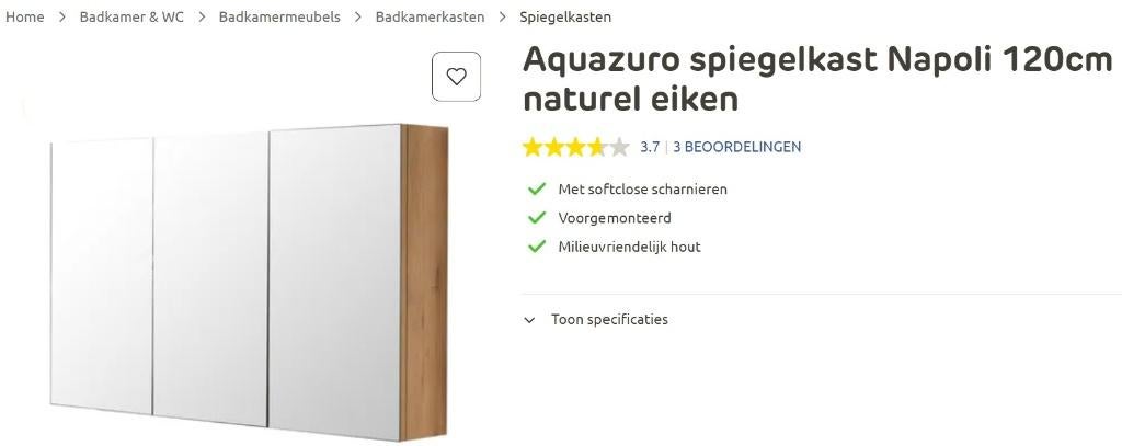 Spiegelkast badkamer natuureik 120 cm, Maison & Meubles, Neuf, Armoire à miroir, Moins de 25 cm, Moins de 100 cm