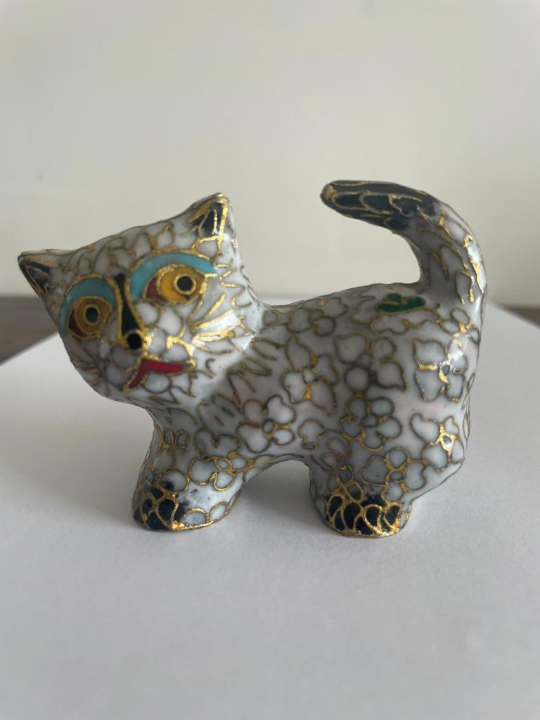 Vintage Chinees Cloisonné handgemaakt katbeeldje, Ophalen of Verzenden