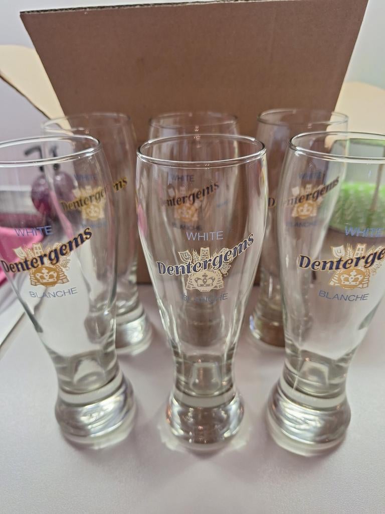 6 dentergems wit ,glazen, Ophalen, Zo goed als nieuw, Bierglas