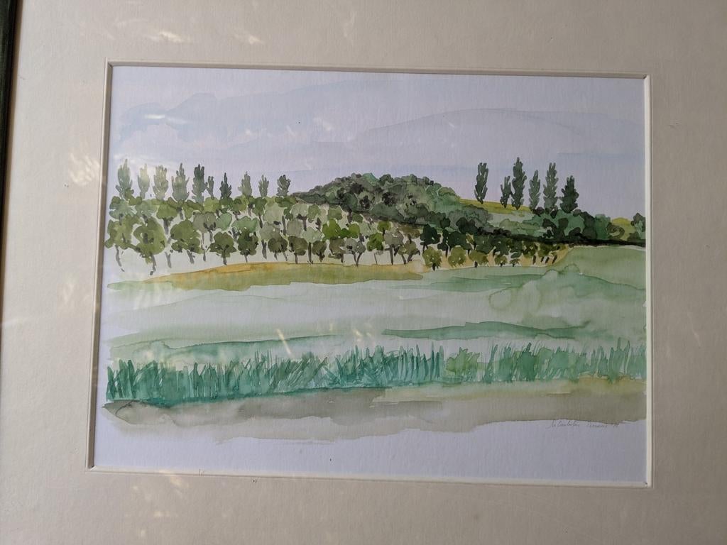 Aquarel gezicht toscane - in kader - onleesbaar signatuur, Ophalen of Verzenden