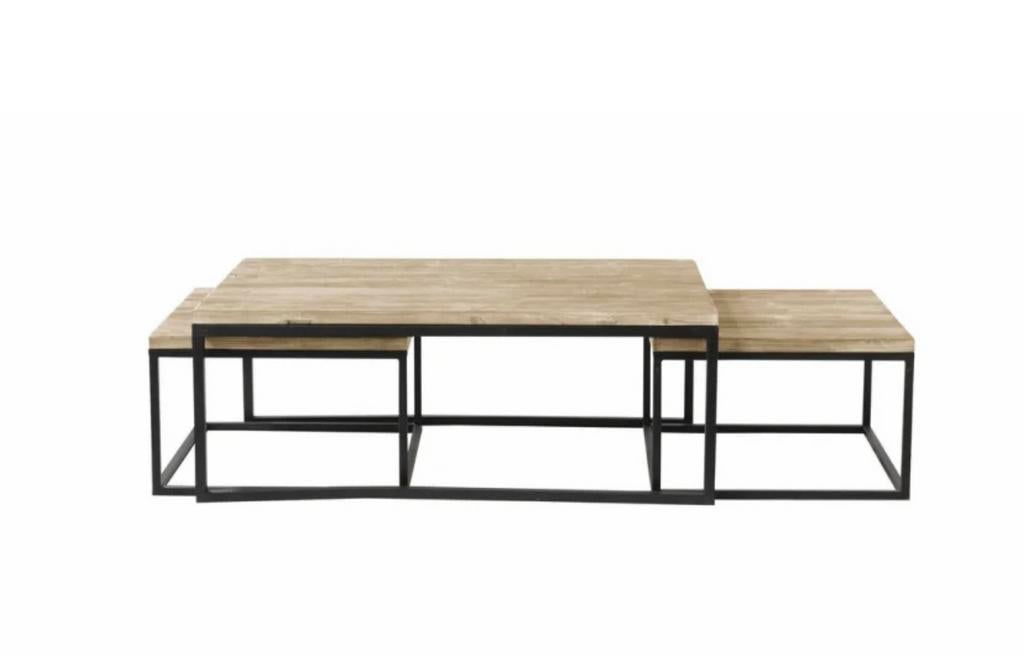 Salontafel + bijzettafels in massieve eik en metaal, Ophalen, 100 tot 150 cm, Zo goed als nieuw, Metaal