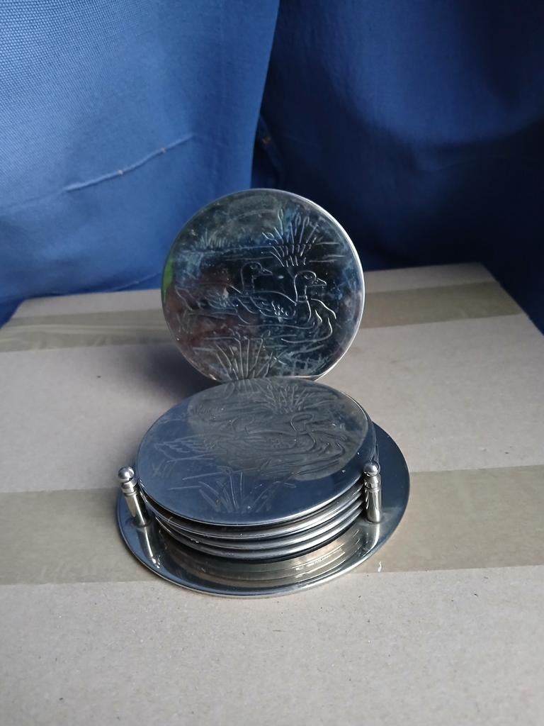 6 sous-verres avec support motif canards plaqué argent, Enlèvement ou Envoi