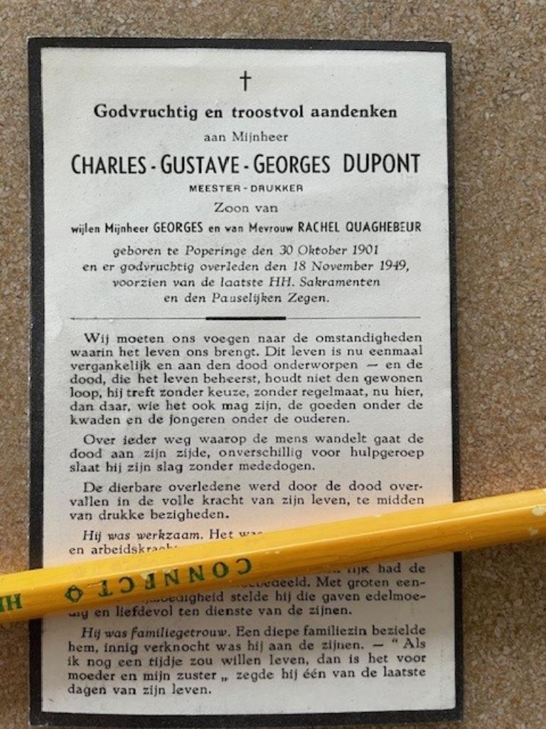 POPERINGE MEESTER-DRUKKER CHARLES DUPONT  1901 + 1949, Verzamelen, Bidprentjes en Rouwkaarten, Ophalen of Verzenden, Bidprentje