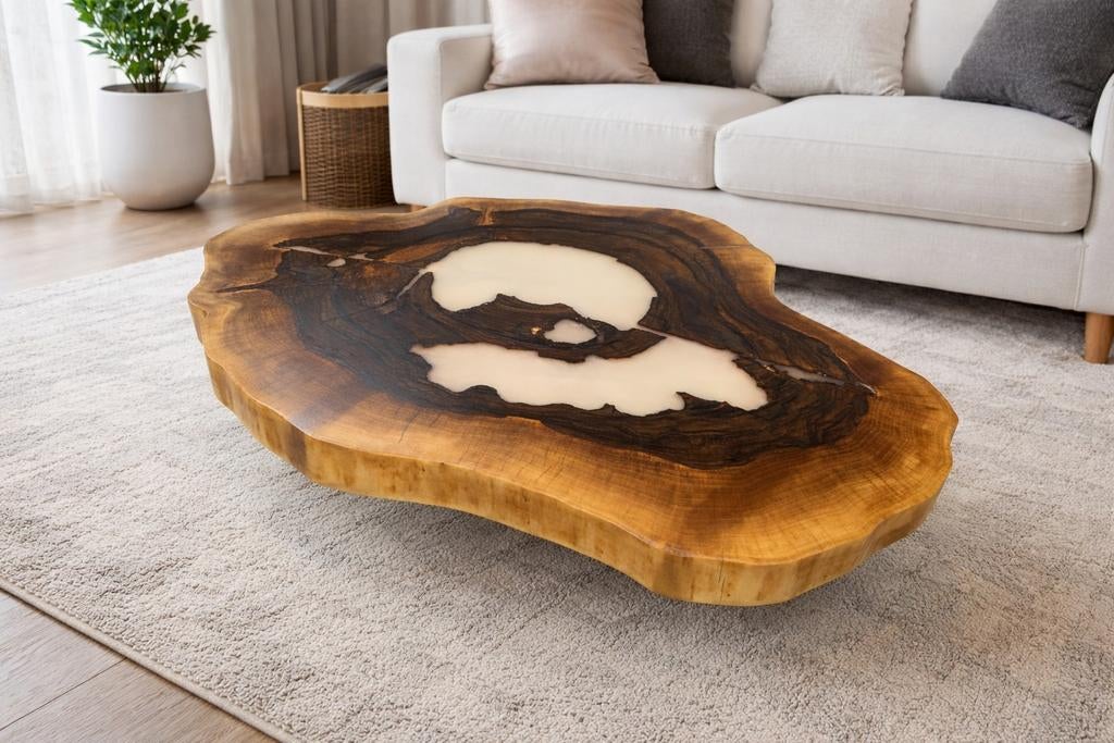 Meesterwerk van de Natuur- Unieke Walnoot & Epoxy Salontafel, Ophalen, 50 tot 100 cm, Rustiek, Nieuw