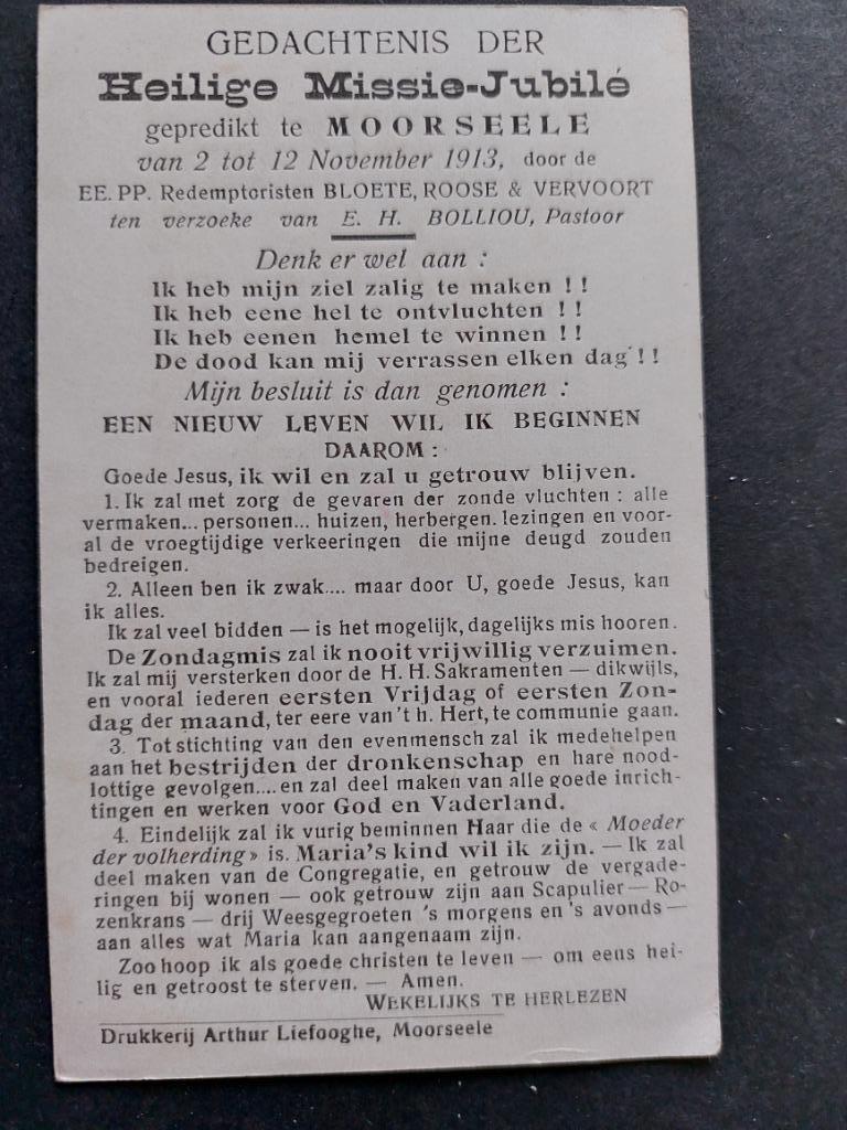 bidprentje Moorsele 1913 : Heilige Missie-Jubilé, Verzamelen, Verzenden, Bidprentje