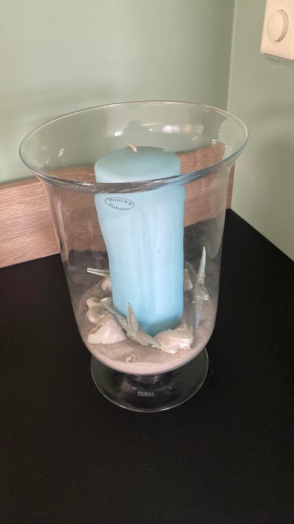 Glazen vaas met zand, kaars, zeesterren en schelpen, Ophalen, Gebruikt