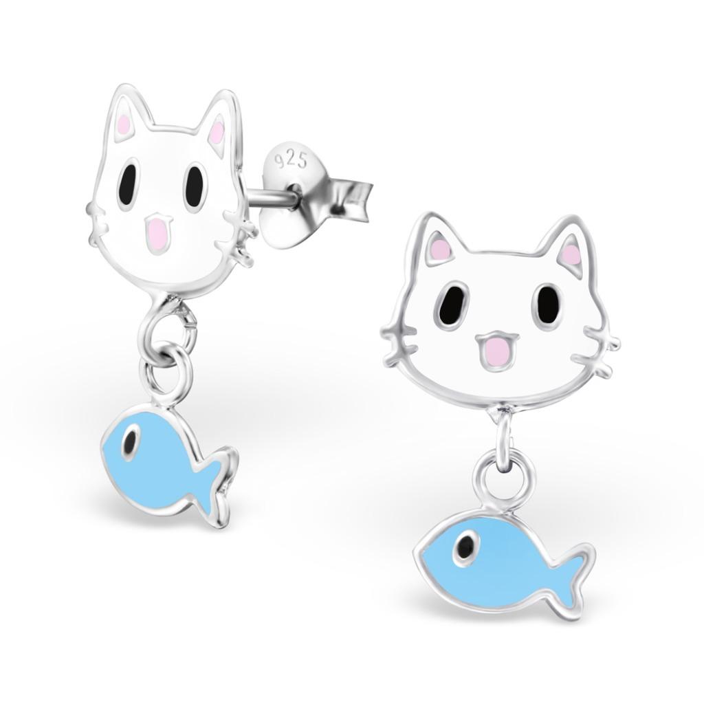Boucles d'oreilles enfant en argent chat avec poisson, Enlèvement ou Envoi, Neuf, Boucles d'oreilles
