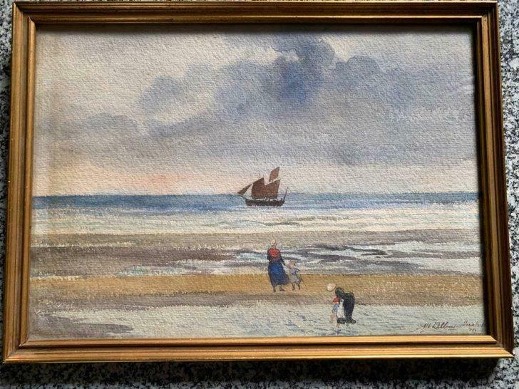 Aquarelle de A. Dillens vue sur mer à Mariakerk 1886, Antiek en Kunst, Ophalen of Verzenden