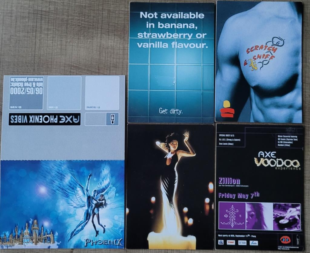 5 Reclamekaarten/ postkaarten: Axe, Verzamelen, Ophalen of Verzenden, Zo goed als nieuw, Overige typen