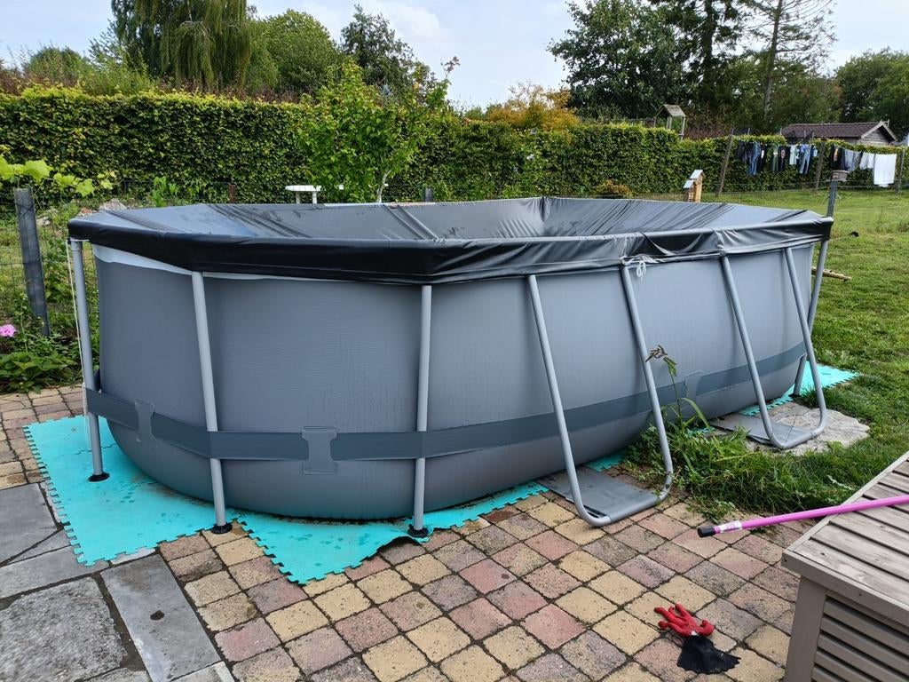 Bestway ovaal buisvormig zwembad 4m27 x 2m50 en toebehoren, Ophalen, 200 tot 300 cm, 80 tot 120 cm, Zo goed als nieuw