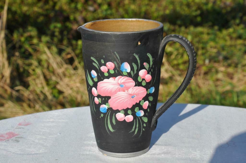§  pichet en terre cuite noire fleur rose, Enlèvement ou Envoi