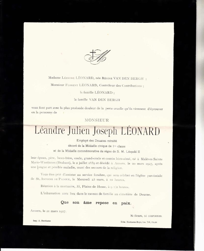 2 Doodsbrieven Antwerpen Leandre & Regine Léonard, Verzamelen, Bidprentjes en Rouwkaarten, Verzenden, Rouwkaart