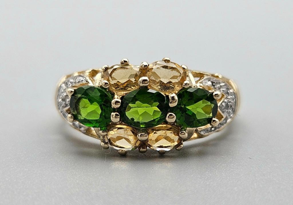 Bague vintage en or avec émeraude, citrine et diamant.2025/1, Bijoux, Sacs & Beauté, Bagues, Comme neuf, Or, 17 à 18, Jaune