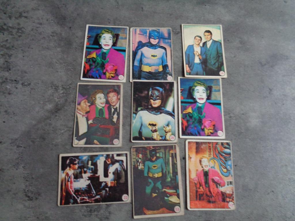 BATMAN kaarten BAT LAFFS  jaren 60 Topps 9x Adam West en Bur, Verzenden