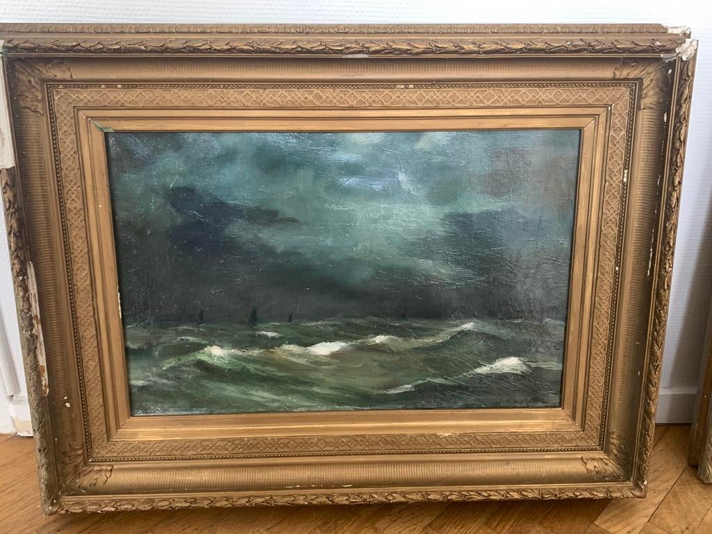 Marine XIX ondertekende olieverf op canvas oud frame, Antiek en Kunst, Kunst | Schilderijen | Klassiek, Ophalen of Verzenden