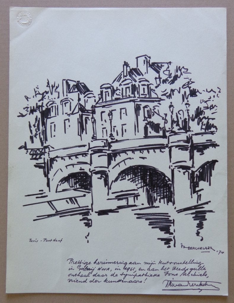 VIC VAN BERCKELAER / PARIS PONT NEUF ORIGINEEL WERK 39x30cm, Enlèvement ou Envoi