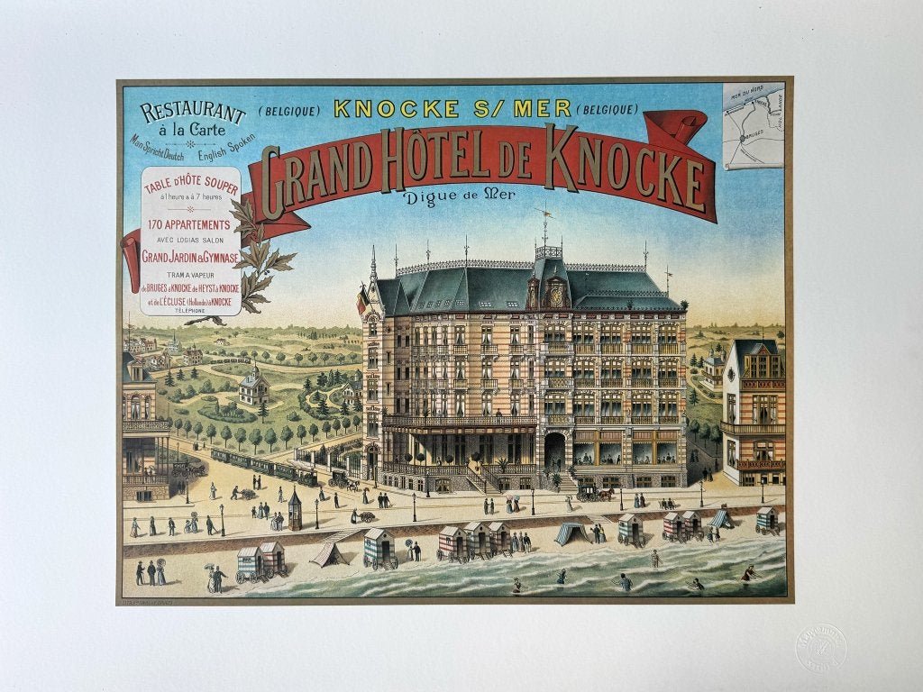 Vintage affiche Grand Hôtel de Knocke, Knokke vintage poster, Rechthoekig Liggend, Ophalen of Verzenden, Zo goed als nieuw, A1 t/m A3