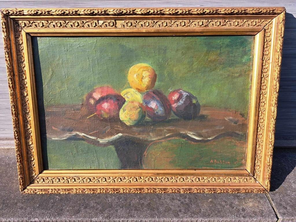 huile sur panneau nature morte signe alfred bastien, Antiek en Kunst, Kunst | Schilderijen | Klassiek, Ophalen of Verzenden