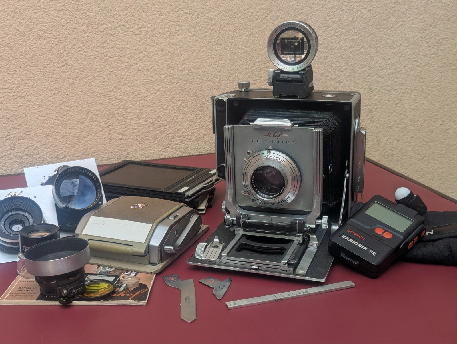 Set linhof technika III 4x5 (dos modifié technika IV), Audio, Tv en Foto, Fotocamera's Analoog, Ophalen, Gebruikt