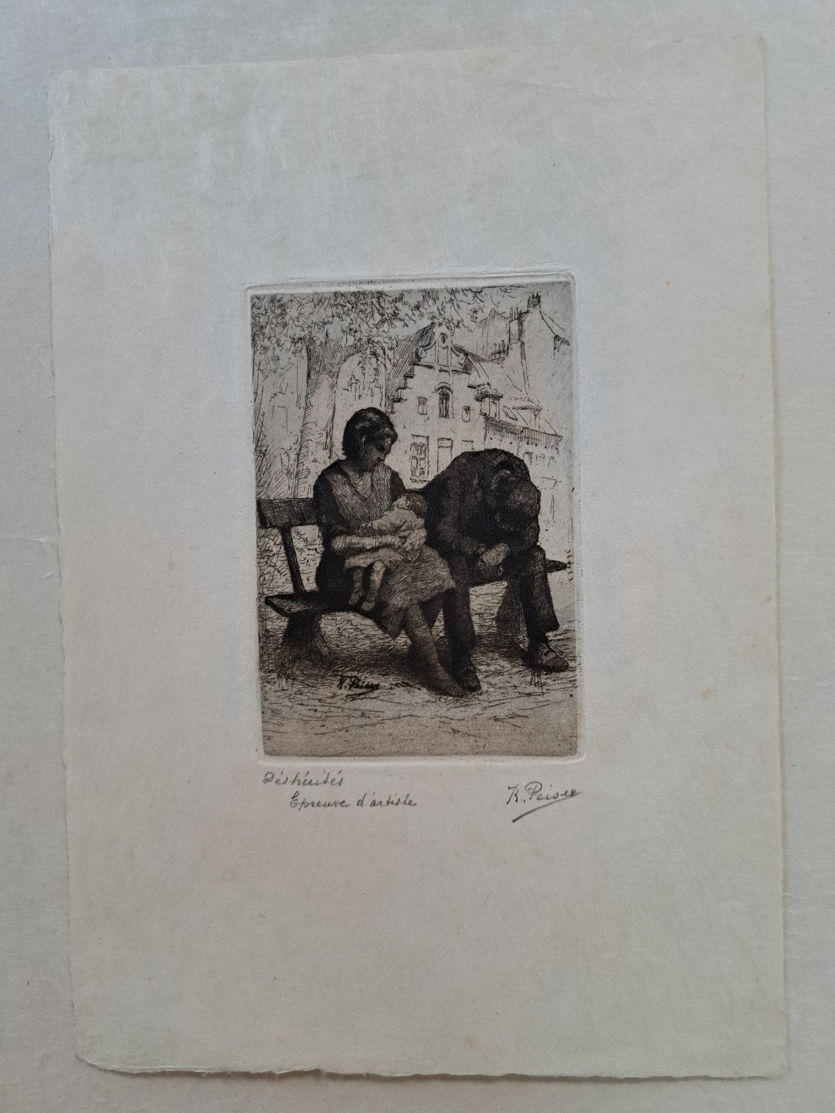 PEISER Kurt "Déshérités" ets op Japans papier, Ophalen of Verzenden, Ets, Ingelijst