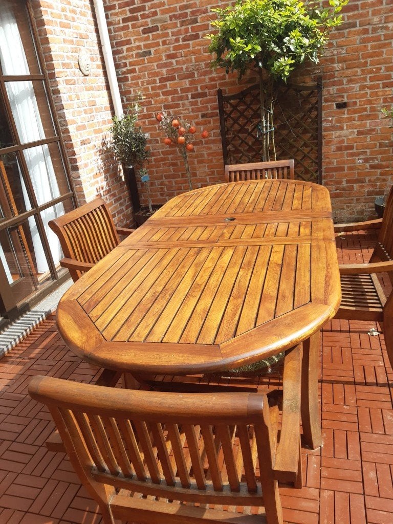 table de patio avec 4 chaises, Enlèvement, Comme neuf, Ovale, Bois