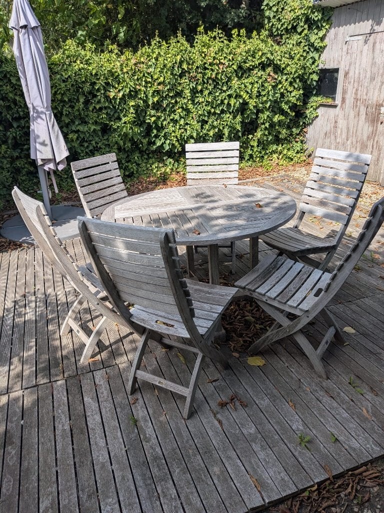 Houten tuinset met ronde tafel en 6 stoelen, Ophalen, Tuinset