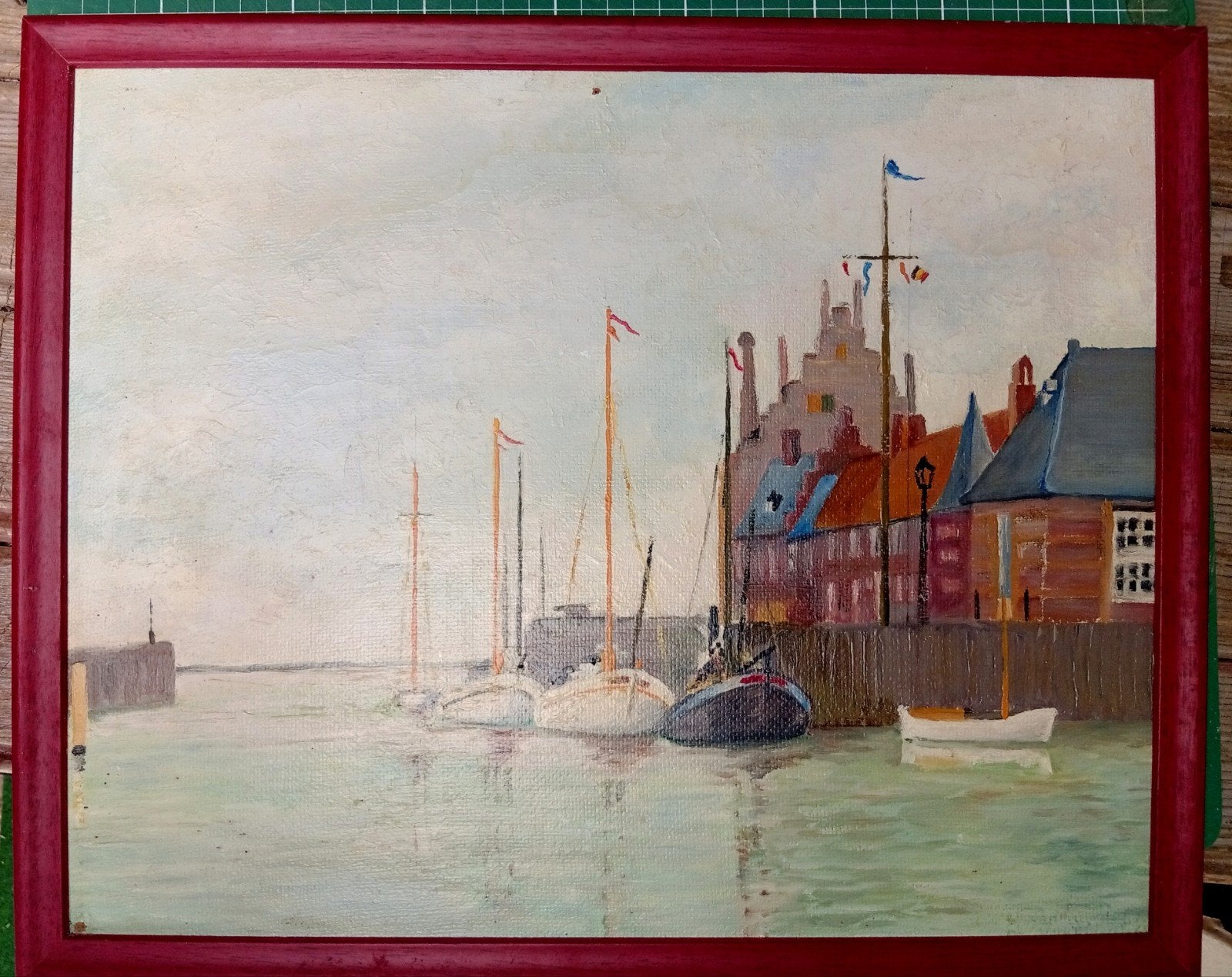 Port Hollandais. 1959. Les voiliers. Huile sur bois, Antiquités & Art