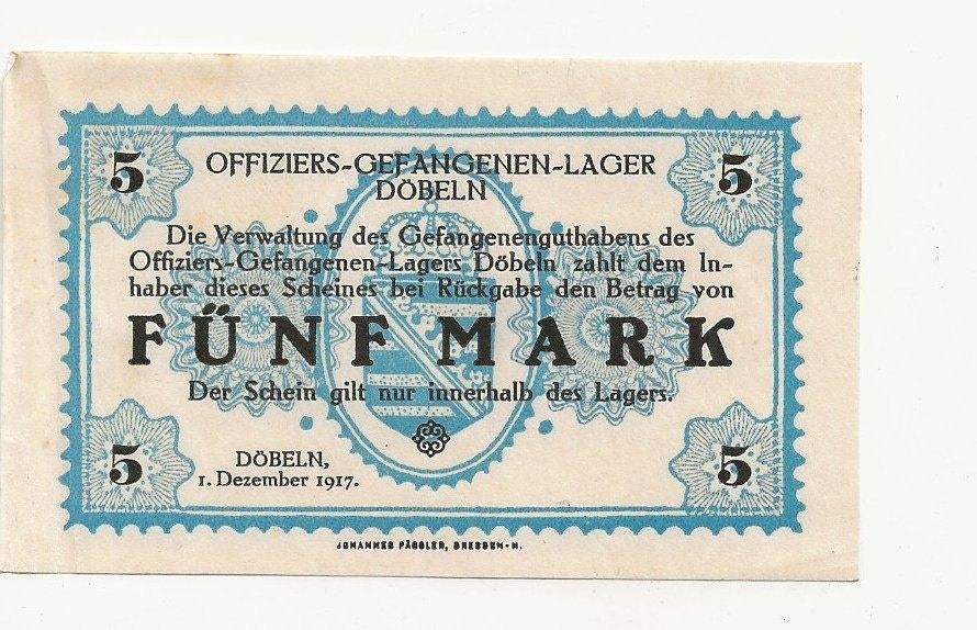 wo1 geld gevangenkamp DOBELN officieren 5 mark, Ophalen of Verzenden, Overige soorten, Overige typen