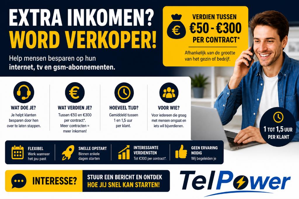 EXTRA INKOMEN? WORD VERKOPER IN TELECOM, Variabele uren, Starter, Overige vormen, Geschikt als bijbaan