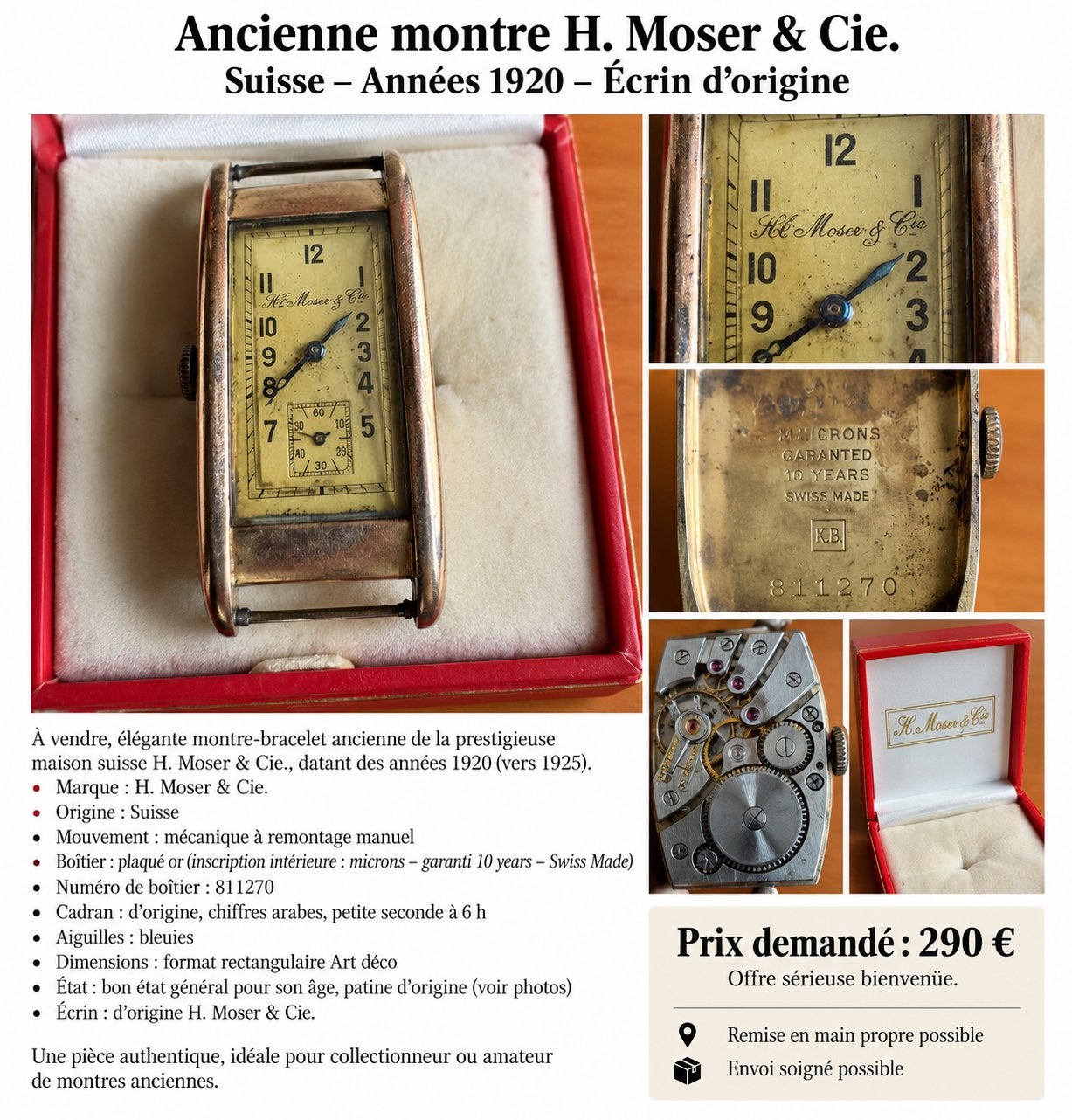 Montre H.Moser & cie Suisse 1920, Bijoux, Sacs & Beauté, Enlèvement ou Envoi