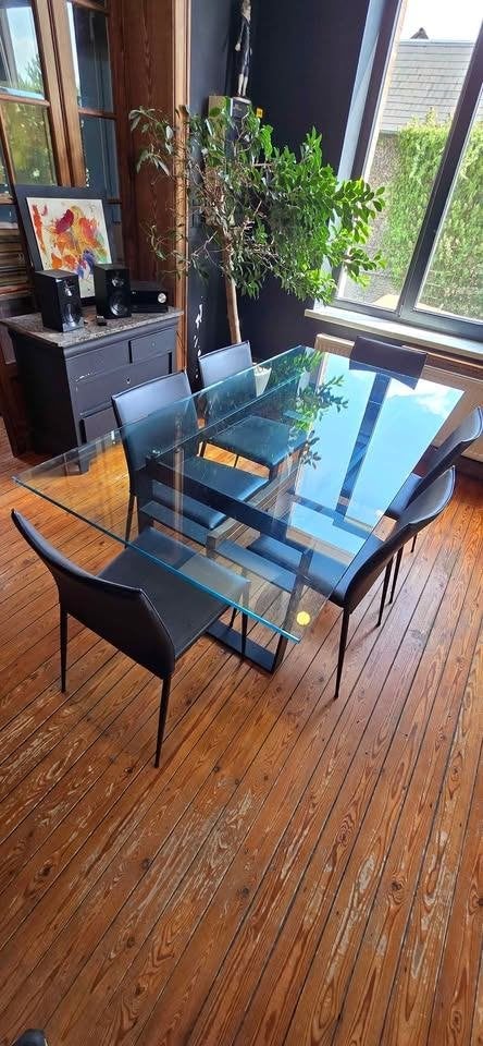 Grande table design en verre trempé – 6 à 10 pers., Huis en Inrichting, Tafels | Eettafels, Gebruikt, 100 tot 150 cm, 200 cm of meer